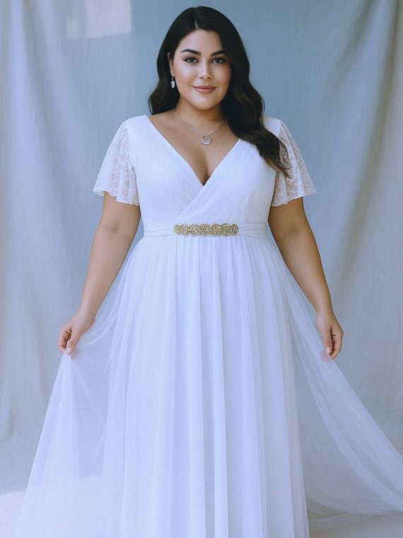 Vestido Mercedes con mangas plato de encaje falda de Tul talla "L-XL" Blanco