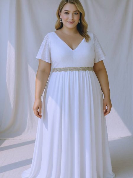 Vestido Lidia, Espalda en "V" mangas plato "XL" color Ivory falda Larga