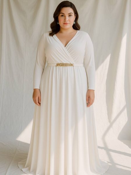 Vestido largo Veronica escote de tela elasticada en color ivory con mangas 2XL