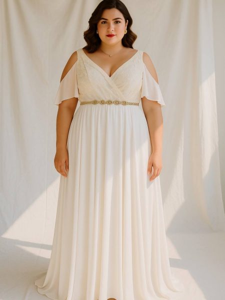 Vestido largo - Nataly de encaje ivory con mangas de gasa y falda larga talla "L-XL"