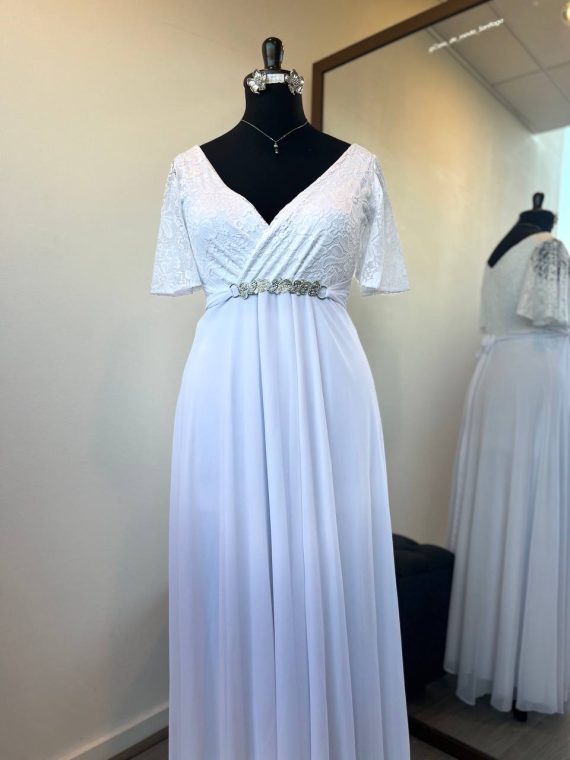 Vestido largo - Nataly en color blanco con encaje y con falda larga de gasa XL