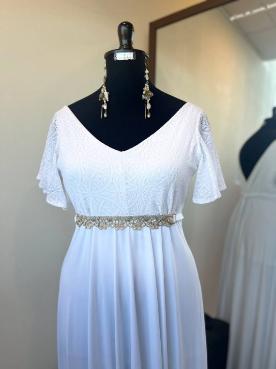 Vestido Lidia, Espalda en "V" mangas plato "XL" color Ivory falda Larga
