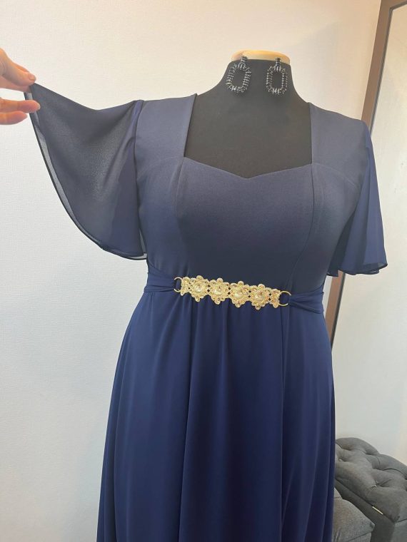 Vestido Diva en Azul Marino con mangas y falda de gasa, talla XL-2XL