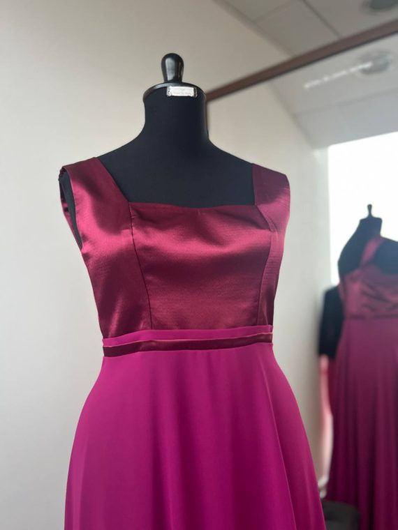 Vestido Fernanda, Burdeo-vino de satin y gasa, Falda Larga de gasa, talla L-XL