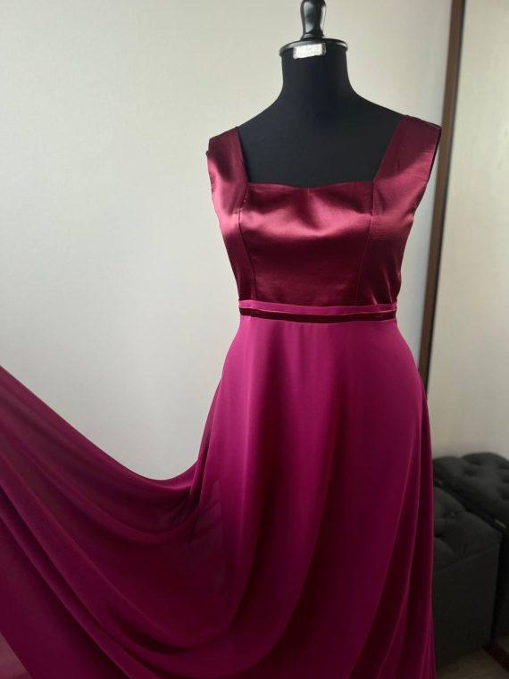 Vestido Fernanda, Burdeo-vino de satin y gasa, Falda Larga de gasa, talla L-XL