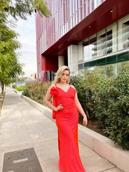 Vestido Luz color Naranja, falda Recta con tajo, Talla M-L