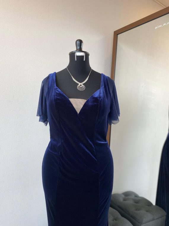 Vestido Bella Azul Marino Terciopelo, con mangas falda Larga "Sirena" Talla L-XL
