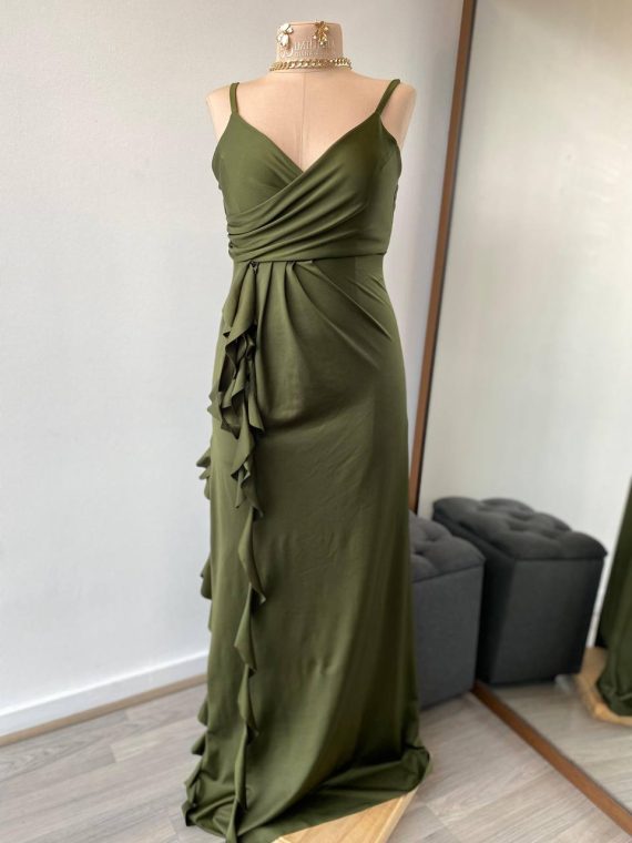 Vestido Rubi color Olivo Asimétrico con abertura en la falda, Talla S-M