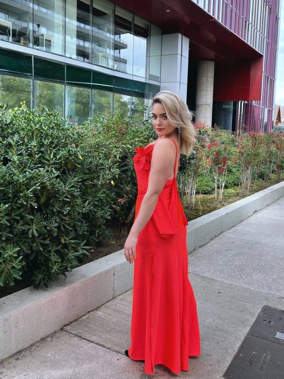 Vestido Luz color Naranja, falda Recta con tajo, Talla M-L