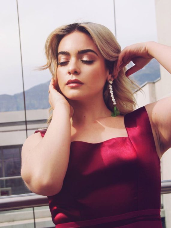 Vestido Fernanda, Burdeo-vino de satin y gasa, Falda Larga de gasa, talla L-XL