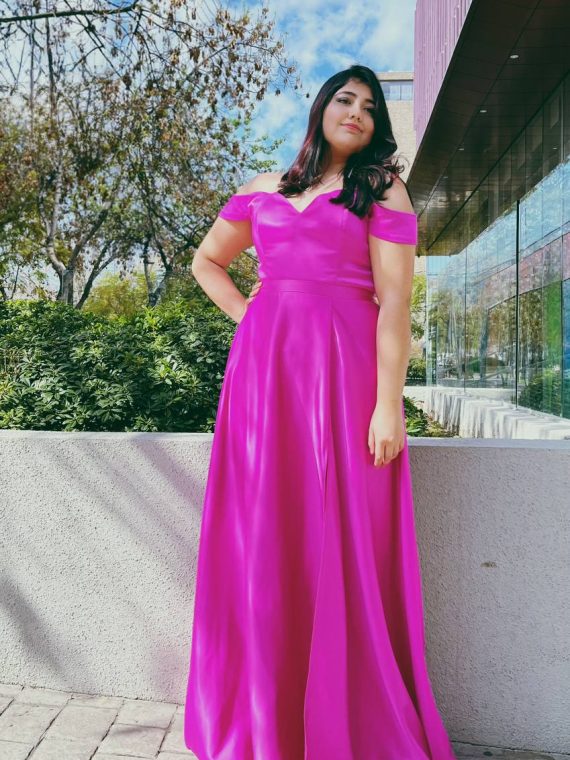 Vestido Briggette (corse) en color fucsia, falda larga con abertura, talla L-XL