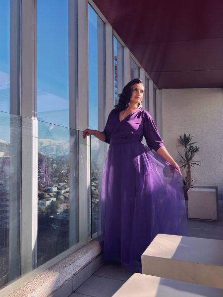 Vestido Veronica, Morado con tul, manga 3/4, falda larga, talla L-XL