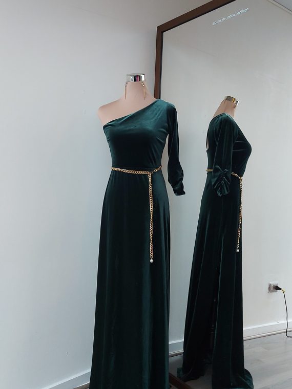 Vestido Miranda color Verde, Asimétrico de Terciopelo, falda Larga Talla S-M