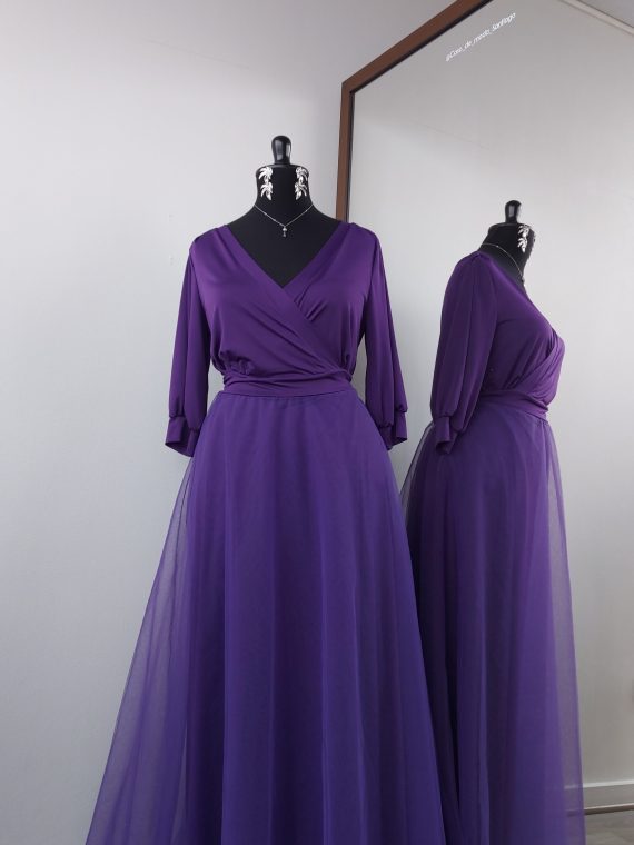 Vestido Veronica, Morado con tul, manga 3/4, falda larga, talla L-XL